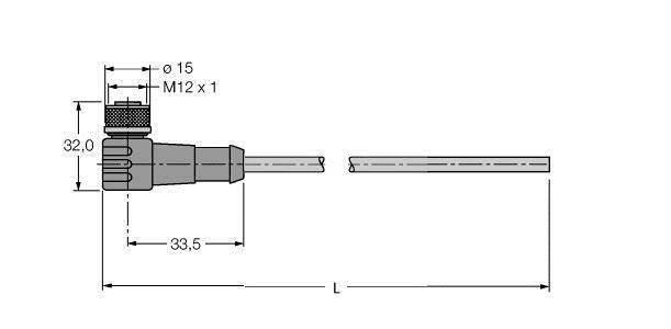 Technische Zeichnung eines Steckers mit M12-Gewinde. Abmessungen: 15 mm Durchmesser, 32 mm Höhe, 33,5 mm Länge bis Kabel.