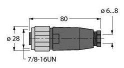 Technische Zeichnung eines zylindrischen Adapters. Länge 80 mm, Durchmesser 28 mm. Gewinde '7/8-16UN', Rohrdurchmesser 'ø6...8'.