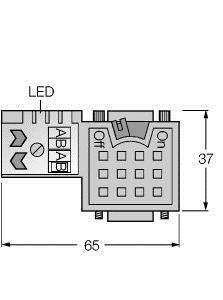 Diagramm eines elektronischen Steckverbinders mit LED-Anzeige. Zeigt Anschlüsse A und B, Maße 65 mm x 37 mm, Markierungen für Ein/Aus.