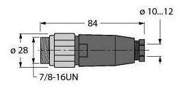 Technische Zeichnung eines Steckverbinders mit Maßen: Gesamtlänge 84 mm, Durchmesser 28 mm, Gewinde 7/8-16UN, Anschluss 10–12 mm.