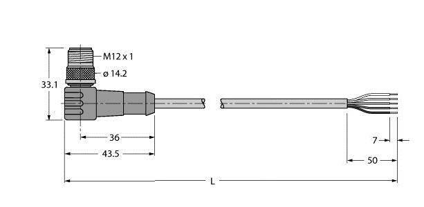 Technische Zeichnung eines Steckers mit M12-Gewinde, Seitenansicht. Dimensionen 33,1 mm, 43,5 mm und 50 mm, Drahtlänge angegeben als 'L'.