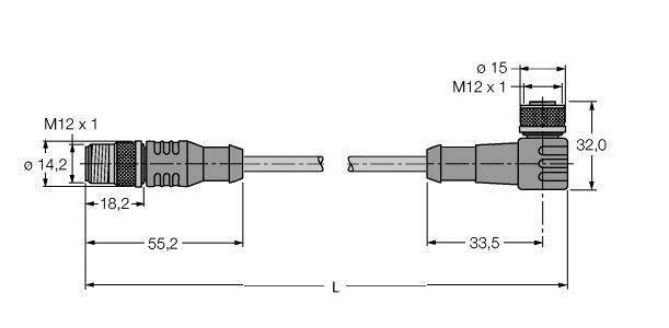 Technische Zeichnung eines M12-Steckverbinders mit genauen Abmessungen, inklusive Durchmesser, Länge und Gewindegröße.