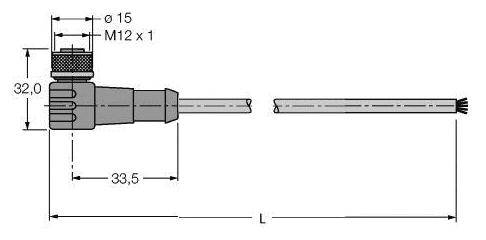 Technische Zeichnung eines M12-Steckers mit Maßen: Durchmesser 15 mm, Länge 33,5 mm, Höhe 32 mm. Verbindungskabel mit Länge 'L'.