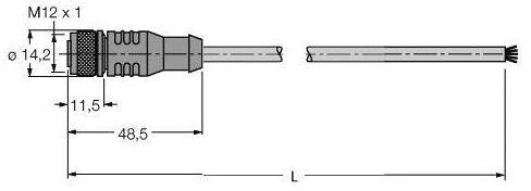 Technische Zeichnung eines Steckers mit Maßen: Durchmesser 14,2 mm, Länge 48,5 mm. Drahtlänge mit L bezeichnet.