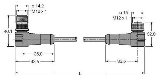 Technische Zeichnung von zwei M12-Steckverbindern mit Gewinde, Maßangaben in Millimetern. Hauptmaße: 14,2 und 15 mm Durchmesser, Länge 36 und 33,5 mm.