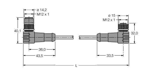 Bild zeigt zwei technische Zeichnungen von M12-Steckverbindern mit Maßen. Links: Länge 43,5 mm, rechts: Länge 32 mm. Designdetails sichtbar.