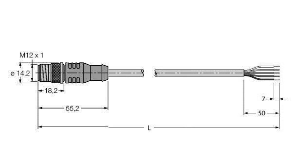 'M12×1'-Steckverbinder, Abmessungen: Durchmesser 14,2 mm, Gesamtlänge 55,2 mm. Kabel mit 50 mm freiliegenden Drahtenden.