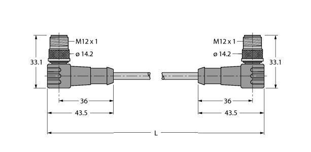 Technische Zeichnung: Zwei M12 x 1 Steckverbinder gegenüberliegend, beide 43,5 mm lang, Durchmesser 14,2 mm. Länge L variable.
