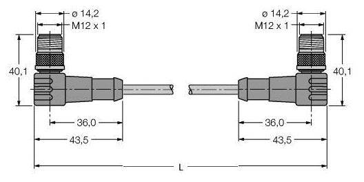 Technische Zeichnung eines Winkelsensors mit Maßen: Länge 43,5 mm, Breite 36 mm, Höhe 40,1 mm, Gewinde M12 x 1, Durchmesser 14,2 mm.