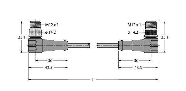 Technische Zeichnung zeigt zwei symmetrische Steckverbindungen M12 x 1 mit Längenangaben. Kabel sind verbunden, Maße in Millimetern.
