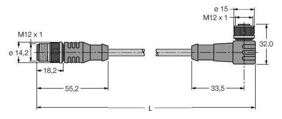 Technische Zeichnung eines Steckers mit Abmessungen: Länge 55,2 mm, 18,2 mm und 33,5 mm. Durchmesser 14,2 mm und 15 mm, Gewinde M12 x 1.
