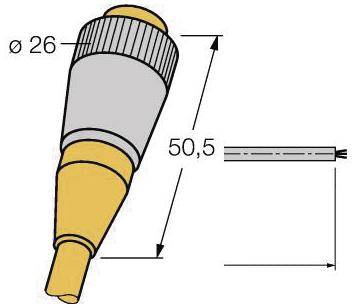 Technische Zeichnung eines Steckers. Gesamtlänge 50,5 mm, Durchmesser 26 mm. Veranschaulicht die Größenproportionen.
