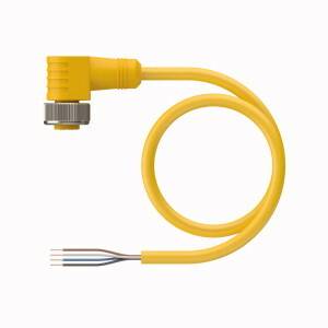 Ein gelbes, gewinkeltes Kabel mit einem Stecker am Ende und abisolierten Enden auf der anderen Seite, geeignet für technische Anwendungen.