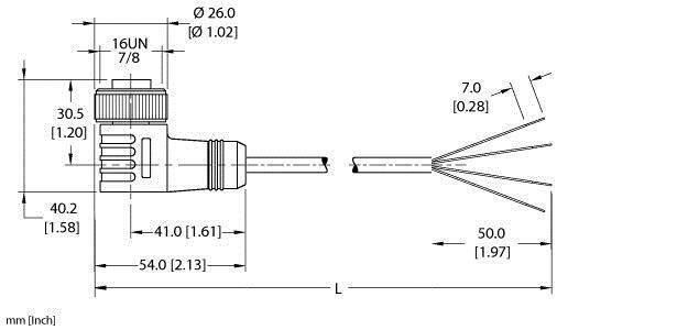 Technische Zeichnung eines Steckers mit Maßen: Gesamtlänge 54,0 mm, Durchmesser 26,0 mm. Zeigt Längen und Gewindedetails.