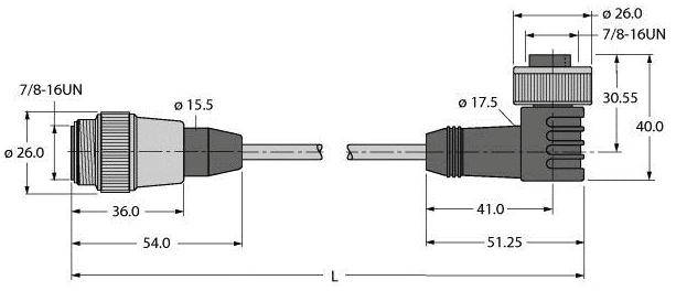 Technische Zeichnung eines elektrischen Steckverbinders mit Abmessungen in Millimetern. Zeigt Stecker und Buchse mit 7/8-16UN-Gewinde.