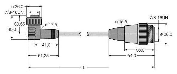 Technische Zeichnung von zwei Steckern mit Größenangaben. Steckerdurchmesser: 26,0 mm, Gesamtlänge: variabel (L), andere Maße detailliert beschriftet.