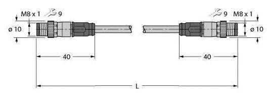 Technische Zeichnung von zwei M8 x 1 Steckverbindern. Der Abstand beträgt 40 mm, Gesamtlänge L; Durchmesser der Stecker ist 10 mm.