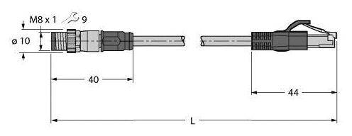 Schema eines Steckverbinders mit den Maßen: Linke Seite 40 mm lang, rechte Seite 44 mm lang. M8 x 1 Gewinde, Gesamtbreite Ø10 mm.