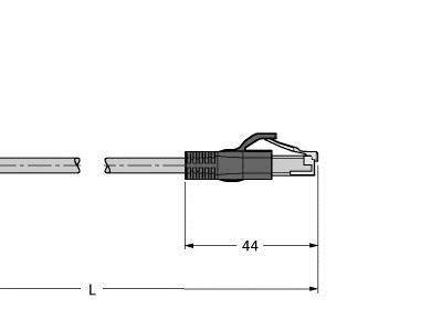 Diagramm eines Steckers mit Seitenansicht. Der Stecker ist 44 mm lang. Augenmerk liegt auf der Länge und der Form des Steckers.