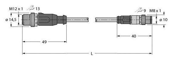 Diagramm eines Steckverbinder-Paares mit Maßangaben: links M12 x 1, Ø14,5 mm und rechts M8 x 1, Ø9 mm. Gesamtlänge L.