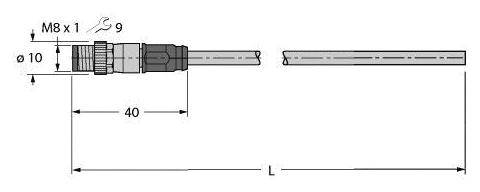 Technische Zeichnung eines Steckers mit den Maßen: Gewinde M8 x 1, Durchmesser 10 mm, Länge 40 mm, Gesamtlänge L.