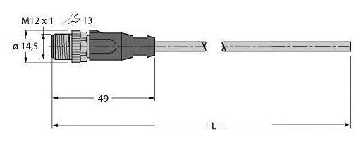Ansicht eines M12-Stecker mit Abmessungen: ø 14,5 mm, Länge 49 mm, Gesamtlänge L variabel. Markierung 'M12 x 1'.