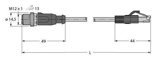 Zeichnung von zwei Steckverbindern: M12-Stecker links, RJ45-Stecker rechts. Abmessungen: M12 bis Kabelende 49 mm, RJ45 bis Kabelende 44 mm.