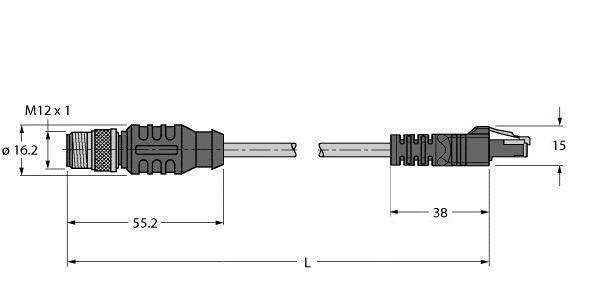 Technische Zeichnung eines Steckverbinders mit Maßen. Links: Länge 55,2 mm, Durchmesser 16,2 mm. Rechts: Länge 38 mm, Höhe 15 mm. Norm: M12 x 1.
