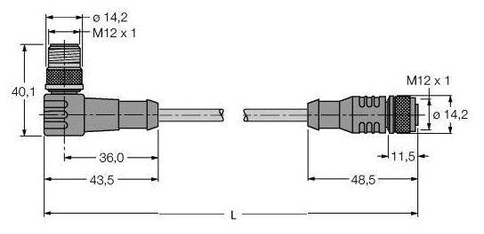 Technische Zeichnung eines M12 Steckverbinders mit Abmessungen: 40,1 mm Länge, Durchmesser 14,2 mm. Detailierte Ansicht von Steckerteilen.