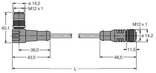 Diagramm eines M12-Steckers in zwei Ansichten mit Maßangaben in Millimetern, zeigt Winkelanschluss und gerade Verbindungslängen.
