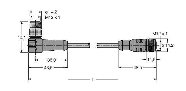 Technische Zeichnung zweier Steckverbinder, Maße in Millimetern angegeben. Links Seitenansicht, rechts Draufsicht, Längen variabel.