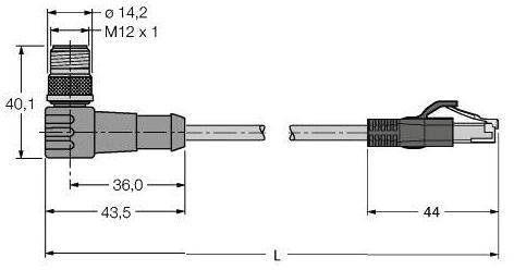 Technische Zeichnung eines L-förmigen Steckverbinders mit M12-Gewinde, Seitenansicht zeigt Maße: Länge 43,5 mm bis 44 mm.