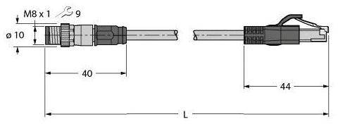 Technische Zeichnung: Zwei Steckertypen mit Maßen. Links: M8 Stecker, ø10, Länge 40 mm. Rechts: RJ45 Stecker, Länge 44 mm.