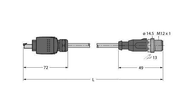 Technische Zeichnung eines Steckverbinders mit Maßen: 72 mm, 49 mm, Gesamtlänge 'L', Gewinde M12 x 1, Durchmesser 14,5 mm, Achse 13 mm.