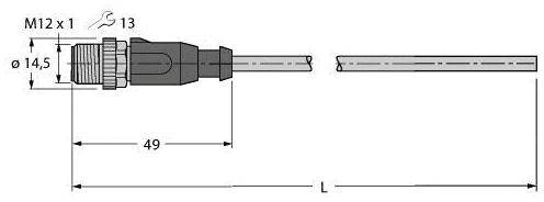 Technische Zeichnung eines M12-Steckers mit Kabel. Länge 49mm, Durchmesser 14,5mm. Kabeldurchmesser 13mm, Länge variabel (L).