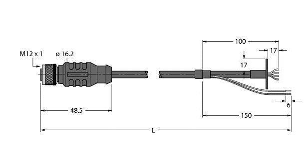 Ein technisches Diagramm zeigt die Maße eines M12-Steckverbinders: Gesamtlänge 'L', Durchmesser 16,2 mm, verschiedene Längenangaben bis zu 150 mm.