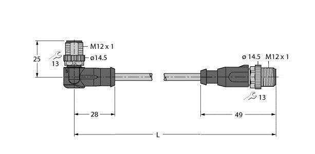 Technische Zeichnung eines Steckers mit Maßen: M12x1, Durchmesser 14,5 mm, Länge 28 mm und 49 mm. Details zur Kabelverbindung.