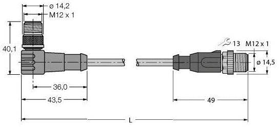Technische Zeichnung eines M12 Steckers mit Abmessungen: Länge 49 mm, Breite 40,1 mm. Beschriftet mit 'M12 x 1' und anderen Maßen.