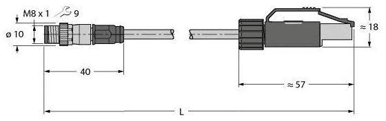 'Technische Zeichnung eines Steckverbinders.' Links: M8 x 1, Durchmesser 10 mm. Rechts: Länge 18 mm, Gesamtlänge variabel (L).