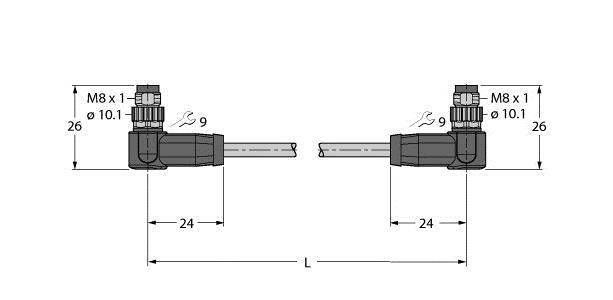 Technische Zeichnung von zwei Winkelsensoren, die durch ein messbares Kabel verbunden sind. Maße: M8x1 Gewinde, Gesamtlänge 'L', Breite 24 mm.