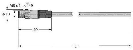 Diagramm eines Steckverbinders mit Maßangaben. Links: M8x1-Gewinde, Durchmesser 9mm. Durchmesser Kabel 10mm. Länge von L=40mm angegeben.