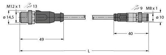 Diagramm von zwei Steckverbindern mit Beschriftungen für Gewinde, Durchmesser und Längen: M12 x 1, ø14,5, Länge 49; M8 x 1, ø10, Länge 40.