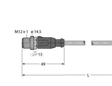Technische Zeichnung eines Kabels mit Steckverbinder: M12 x 1, Durchmesser 14,5 mm. Länge Abschnitt: 49 mm markiert.