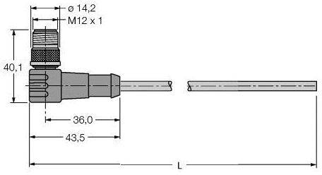 Technische Zeichnung eines Steckverbinders mit seitlicher und oberer Ansicht. Maße: Länge 43,5 mm, Höhe 40,1 mm, Gewindegröße M12 x 1.