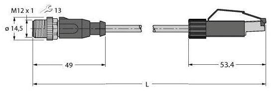 Technische Zeichnung eines Steckers. Links: M12 x 1 Gewinde, Durchmesser 14,5 mm, Länge 49 mm. Rechts: Federkupplung, Länge 53,4 mm.