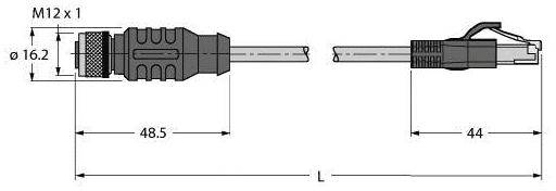 Abbildung zeigt die technischen Zeichnungen eines M12 Steckers und eines RJ45 Steckers mit Längenangaben und Durchmesserkennzeichnung.