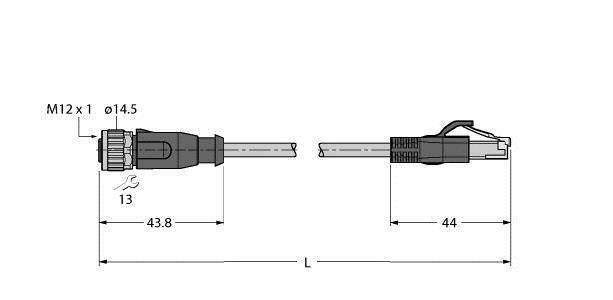 Technische Zeichnung eines M12-Steckverbinders mit Maßen: linker Bereich 43,8 mm, rechter Bereich 44 mm, Gesamtlänge 'L', Durchmesser 14,5 mm.