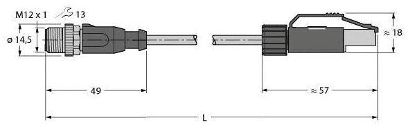 Technische Zeichnung eines Kabelsteckers mit M12 x 1 Gewinde. Links: ≈49, Rechts: ≈57, Gesamtlänge L, Durchmesser ≈14,5 und ≈18.