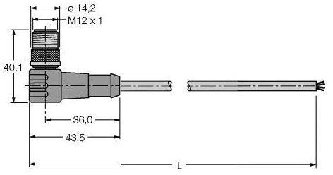 Technische Zeichnung eines M12-Steckers mit seitlichem Kabel. Maße: Gesamt 43,5 mm lang, Stecker 36 mm. Kabeldurchmesser 14,2 mm.