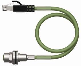 Grünes Netzwerkkabel mit Steckern an beiden Enden, verbunden durch eine Metallkupplung. Geeignet für Industrieanwendungen.